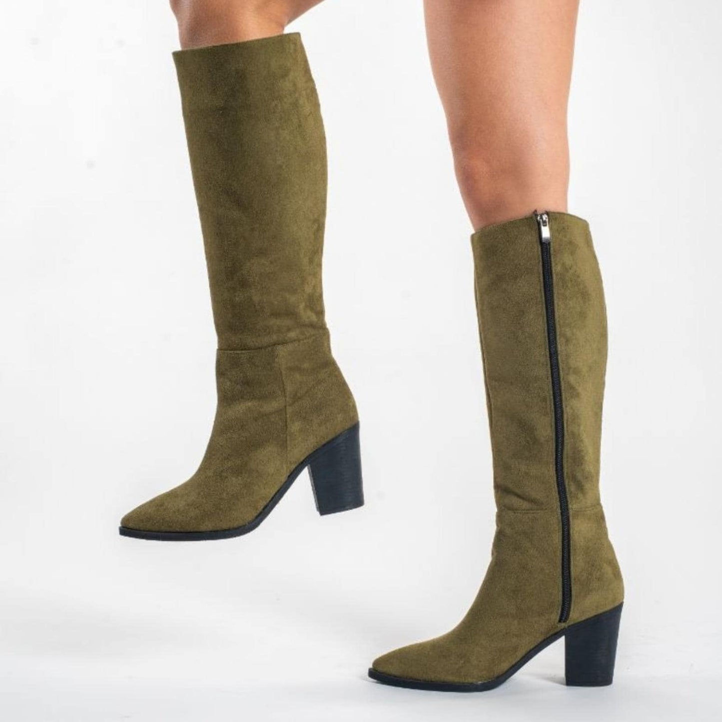 Olive Green Suede Knee High Boots | Block Heel Long Boots | Chic Pointed Toe Winter Fashion for Women