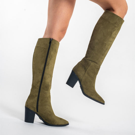 Olive Green Suede Knee High Boots | Block Heel Long Boots | Chic Pointed Toe Winter Fashion for Women