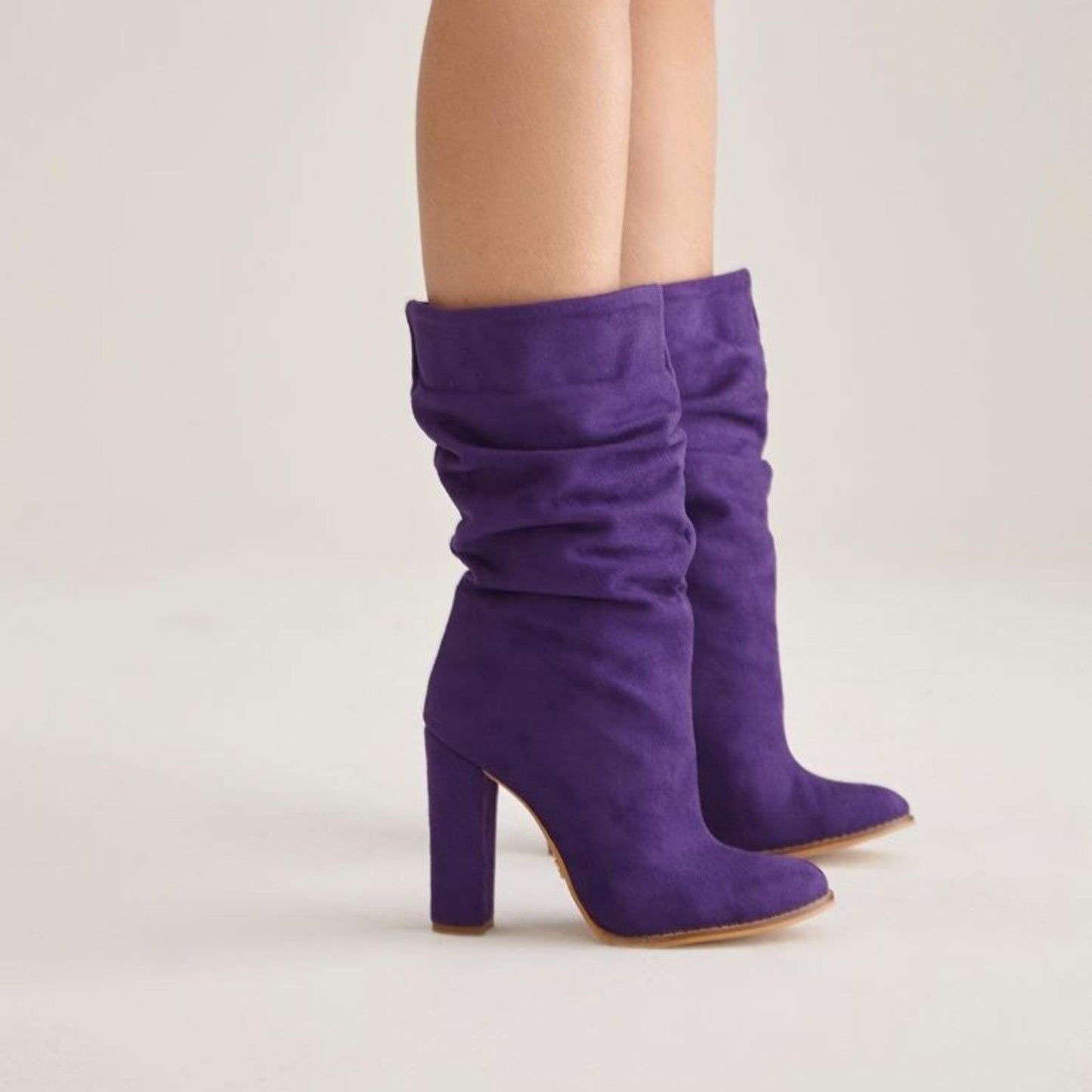 Camel Brown Suede Slouch Boots | High Block Heel Mid-Calf Boots | Soft Pointed Toe Fall Fashion for Women