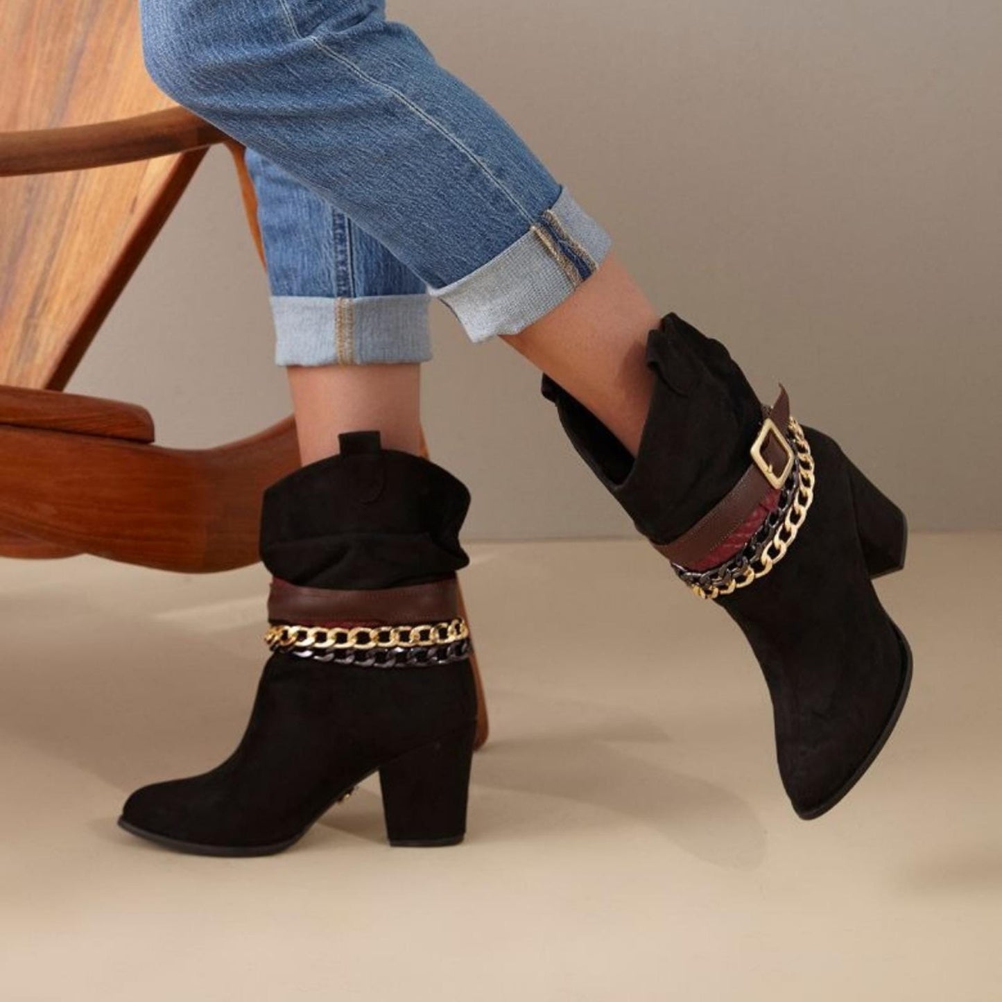 Brown Chain Ankle Boots | Suede Slouch Boots with Belt & Heel | Chunky Block Heel Western Chic Style for Women