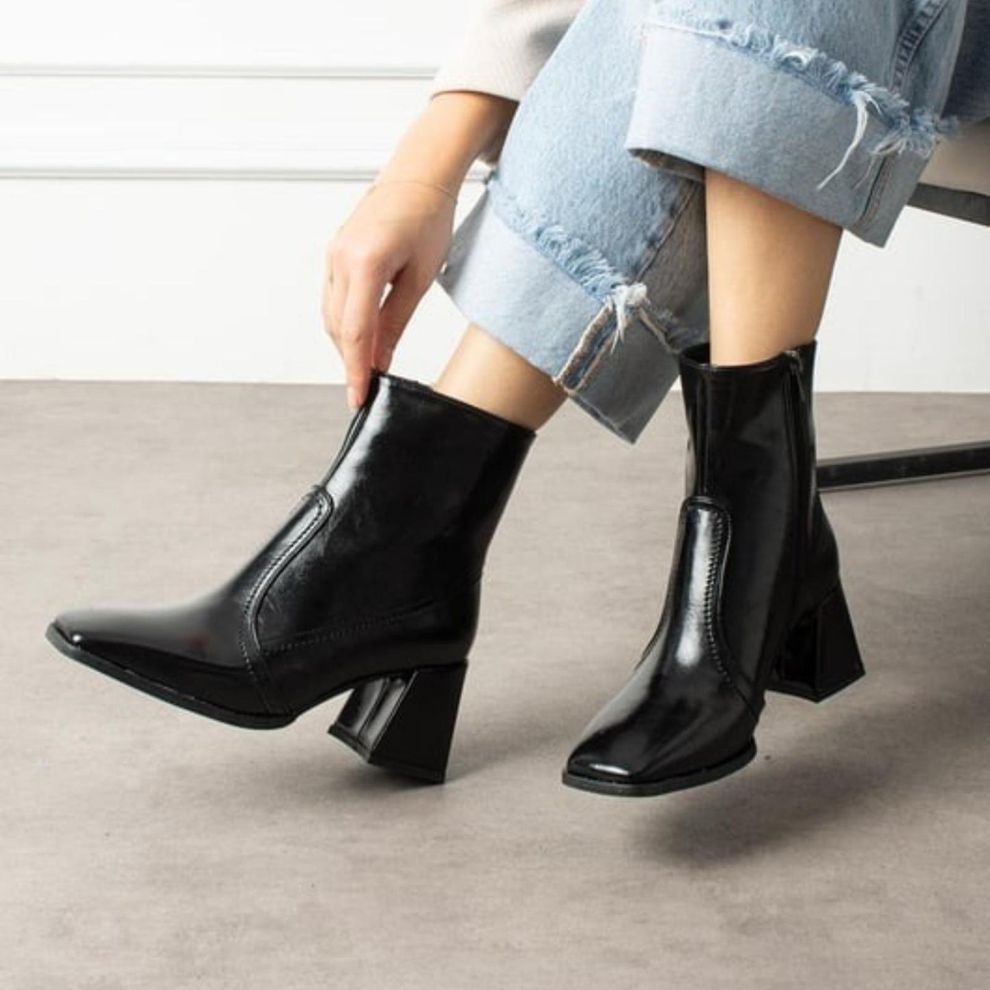 Burgundy Patent Leather Ankle Boots | Square Block Heel Short Boots | Glossy Pointed Toe Retro Chic for Women