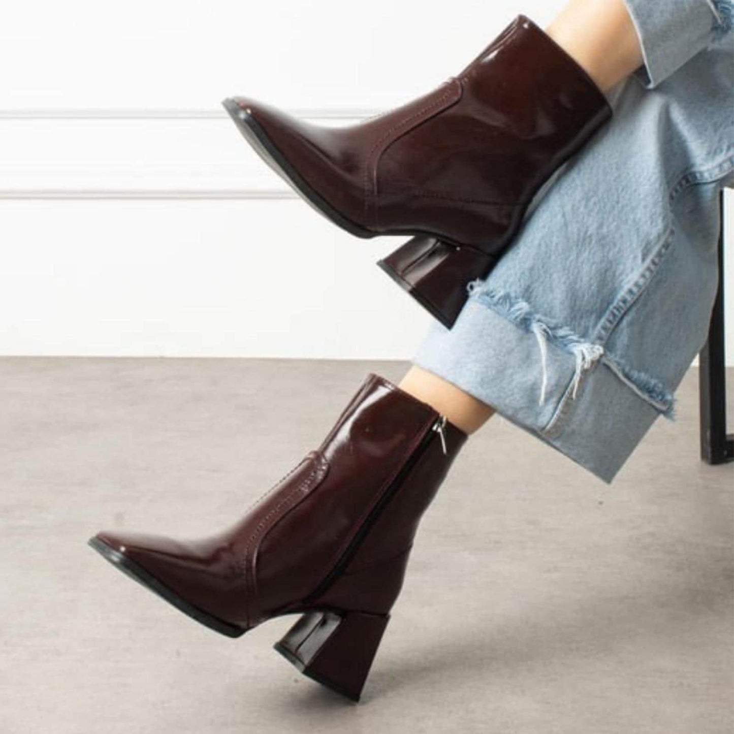 Burgundy Patent Leather Ankle Boots | Square Block Heel Short Boots | Glossy Pointed Toe Retro Chic for Women
