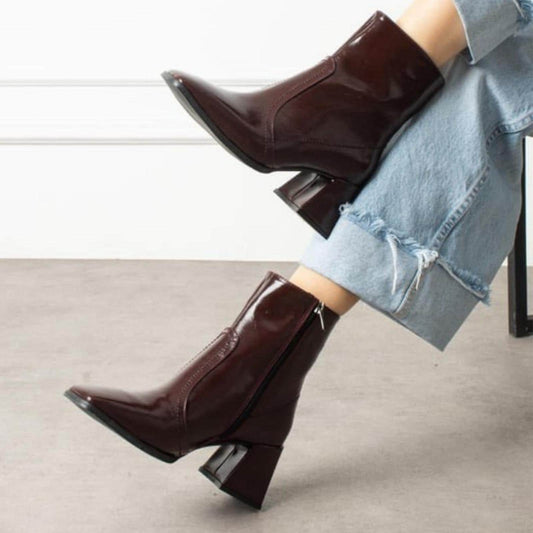 Burgundy Patent Leather Ankle Boots | Square Block Heel Short Boots | Glossy Pointed Toe Retro Chic for Women