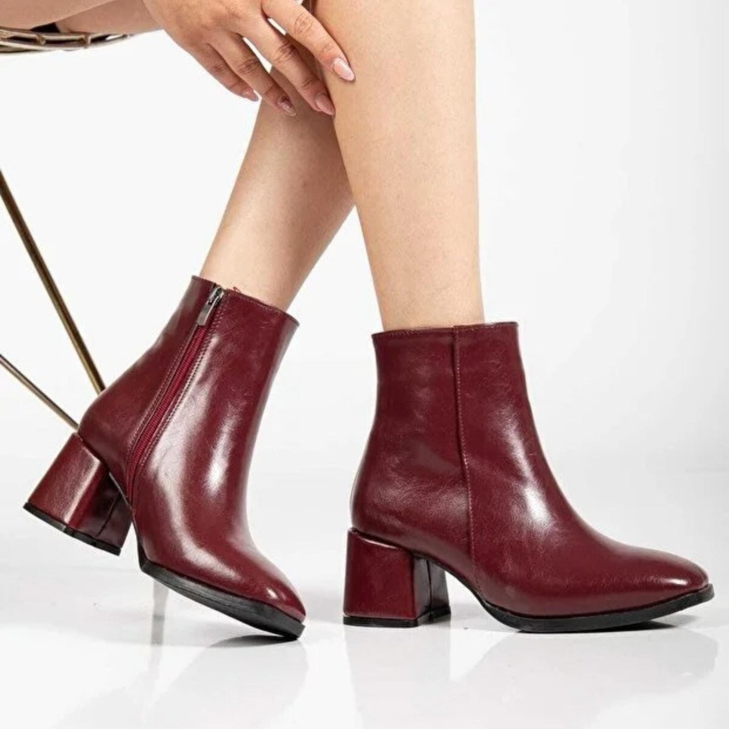 Burgundy Leather Ankle Boots | Square Block Heel Short Boots | Elegant Handmade Everyday Fashion for Women