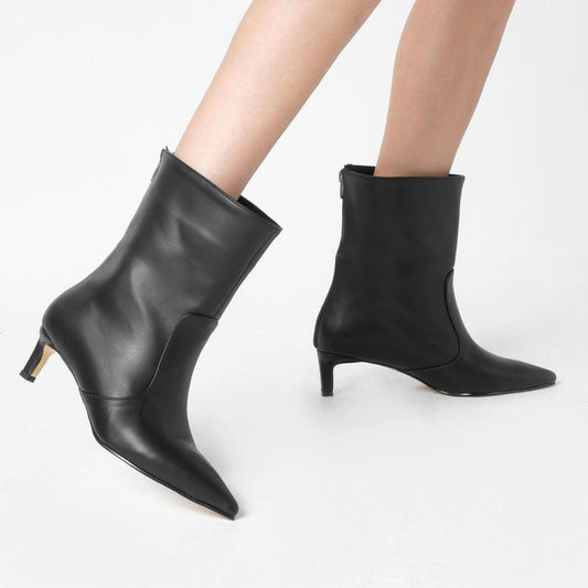 Black Leather Ankle Boots | Pointed Toe Slim Heel Booties | Elegant Handmade Short Boots for Women