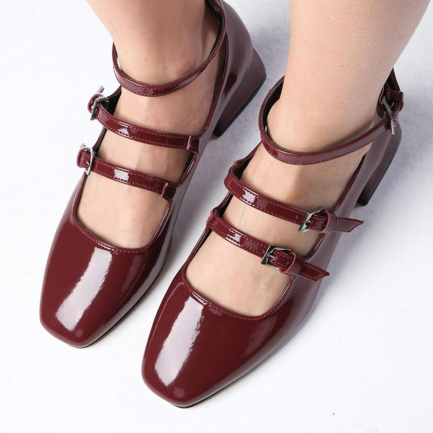 Burgundy Velvet Mary Jane Heels – detail shot