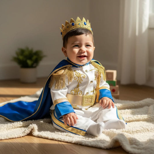 Handmade Prince Charming Baby Costume: Royal Blue & Gold Birthday Outfit