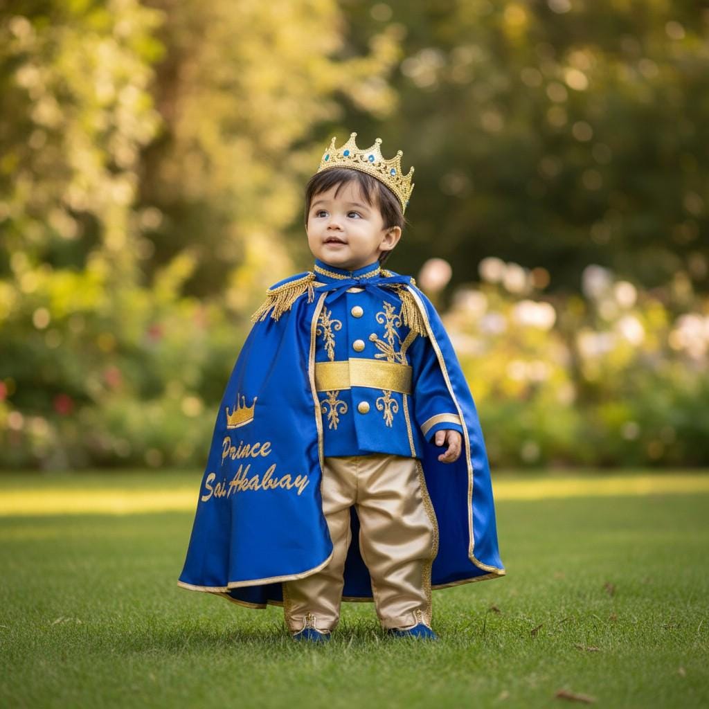 Toddler royal prince outfit blue and gold close-up