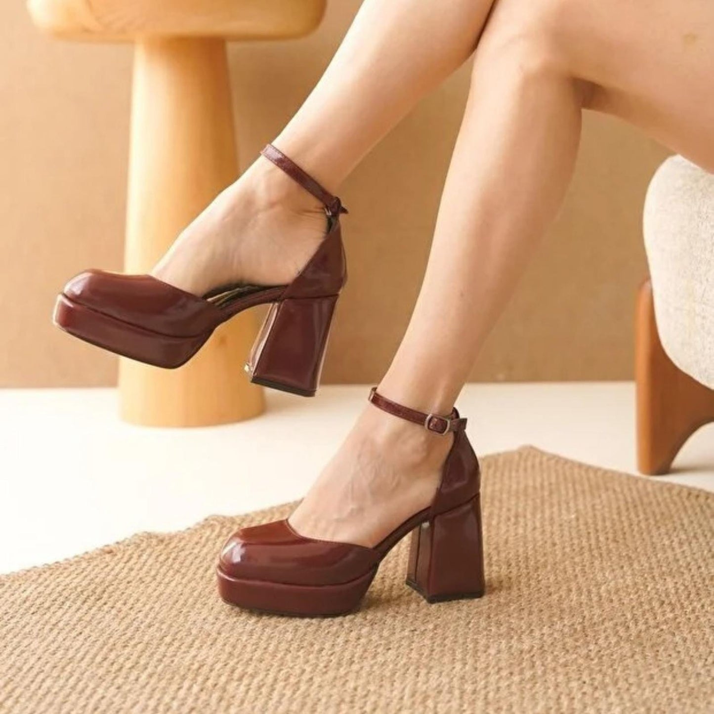 Burgundy Patent Leather Platform Heels | Chunky Block Heel Mary Jane Shoes | Elegant Women’s Party Pumps