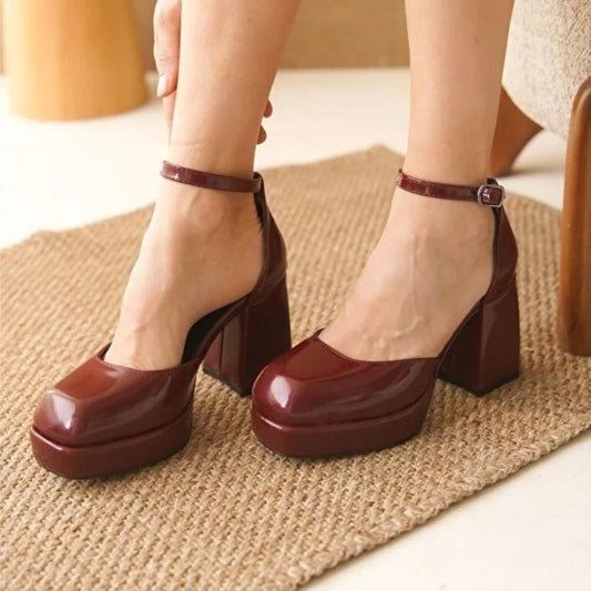 Burgundy Patent Leather Platform Heels | Chunky Block Heel Mary Jane Shoes | Elegant Women’s Party Pumps
