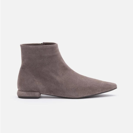 Taupe Suede Pointed Ankle Boots | Handmade Women’s Low Heel Booties | Elegant Soft Suede Zip Boots