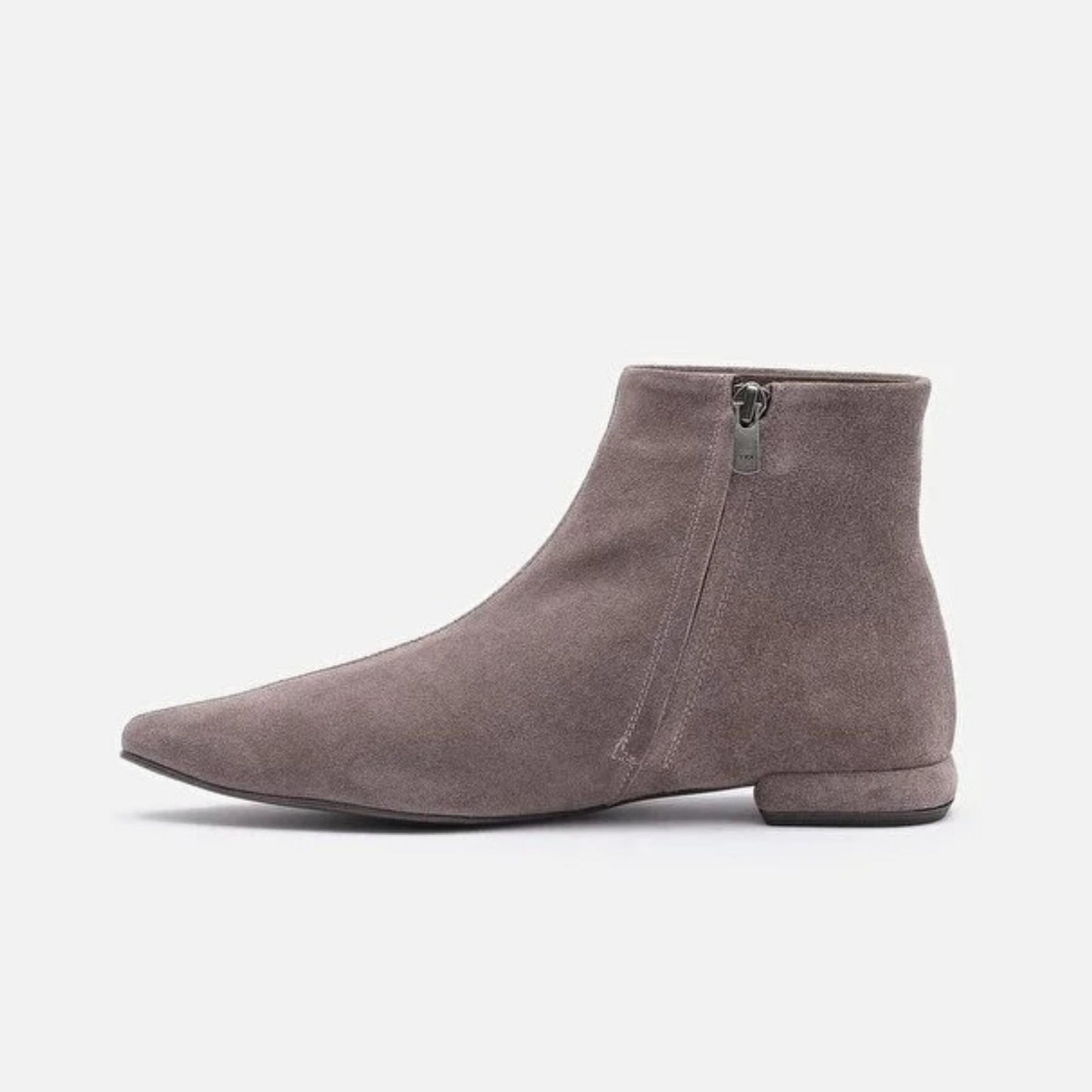 Taupe Suede Pointed Ankle Boots | Handmade Women’s Low Heel Booties | Elegant Soft Suede Zip Boots