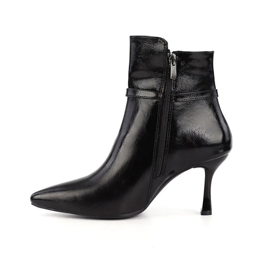 Black Patent Leather Ankle Boots | Elegant Pointed Toe Heeled Booties | Handmade Women’s Zip Boots