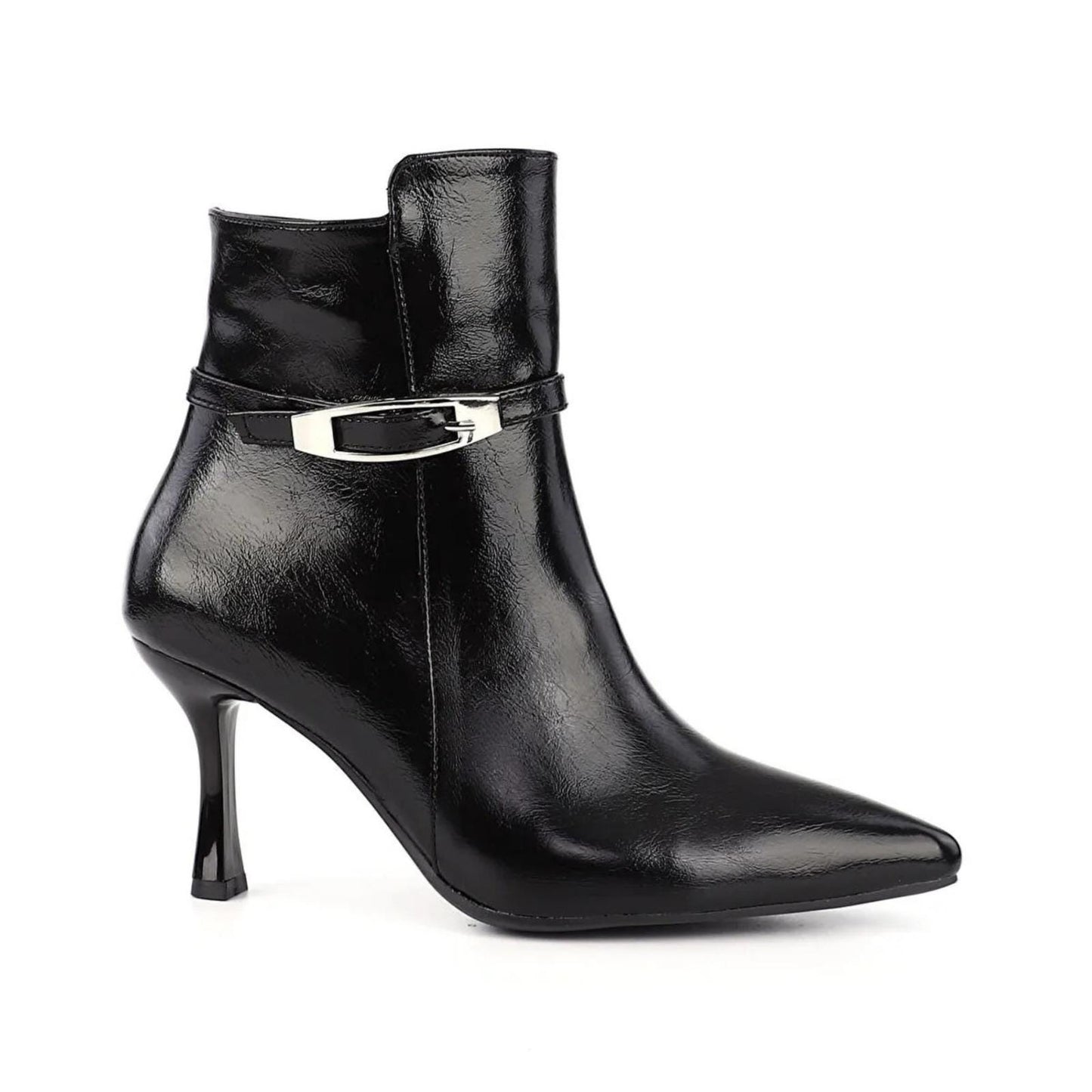 Black Patent Leather Ankle Boots | Elegant Pointed Toe Heeled Booties | Handmade Women’s Zip Boots