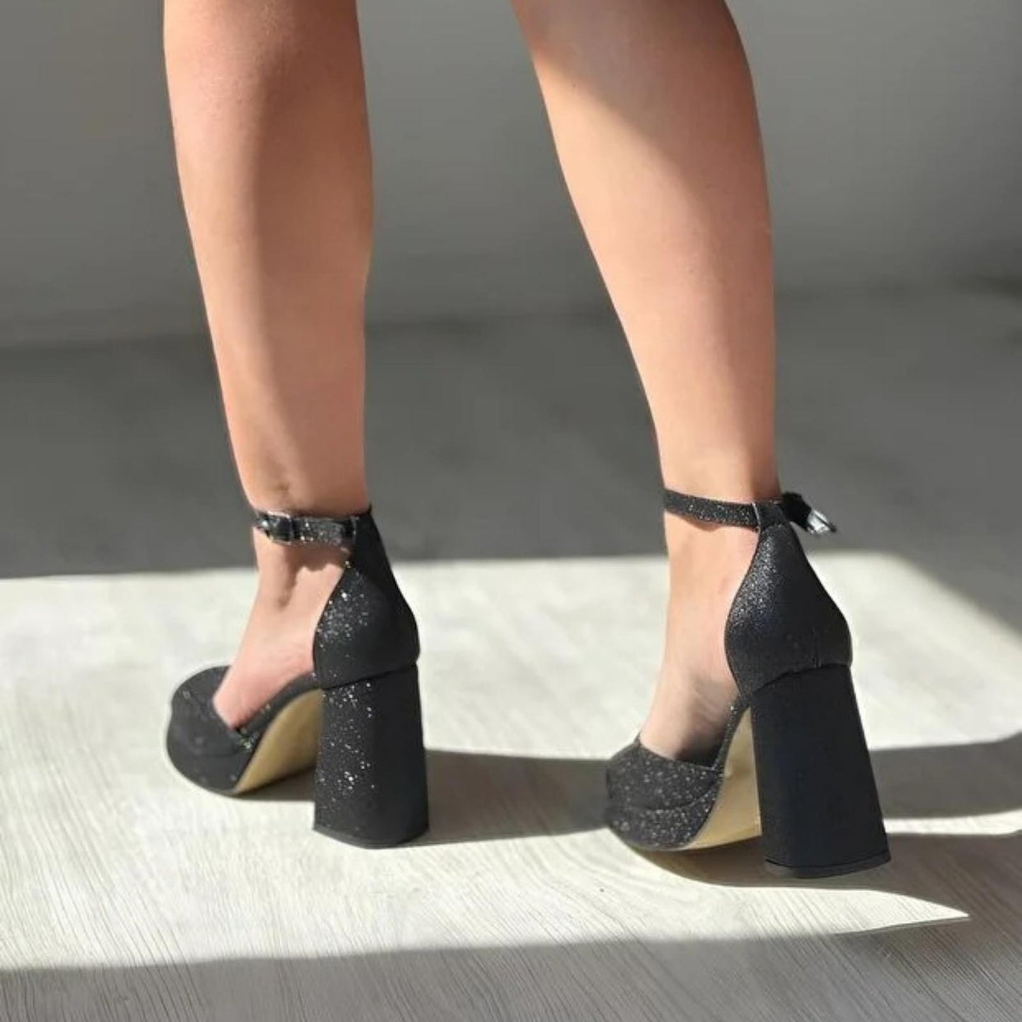 Black Glitter Block Heel Shoes | Elegant Platform Heels for Women | Sparkly Ankle Strap Party Pumps