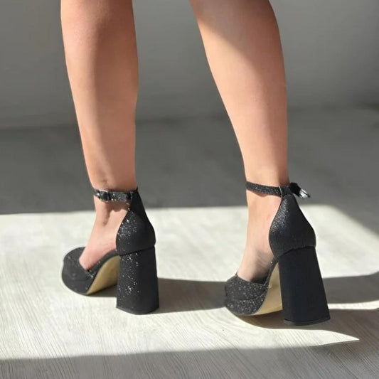 Black Glitter Block Heel Shoes | Elegant Platform Heels for Women | Sparkly Ankle Strap Party Pumps