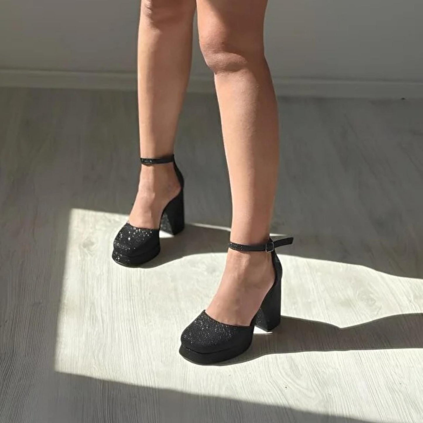 Black Glitter Block Heel Shoes | Elegant Platform Heels for Women | Sparkly Ankle Strap Party Pumps