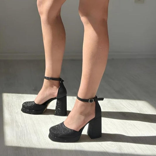 Black Glitter Block Heel Shoes | Elegant Platform Heels for Women | Sparkly Ankle Strap Party Pumps