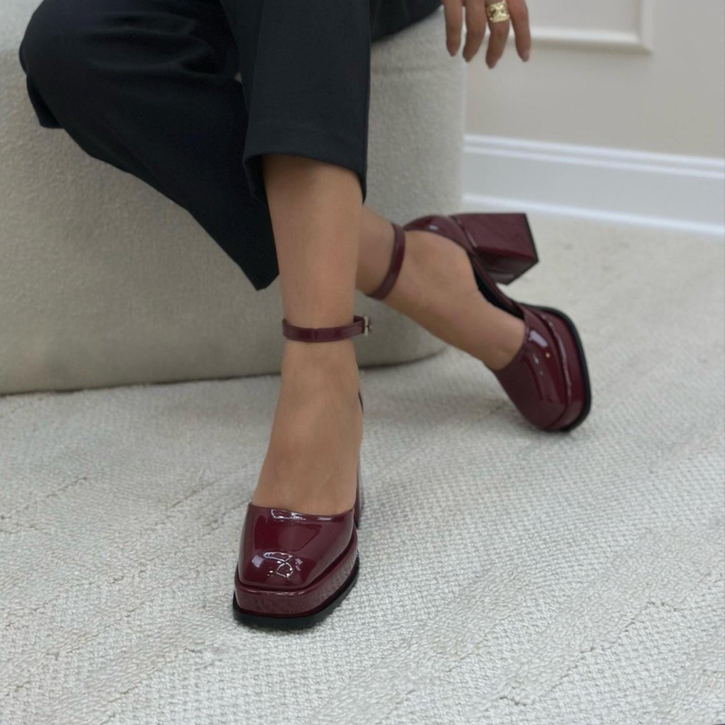 Burgundy Patent Platform Heels | Chunky Block Heel Mary Jane Shoes | Elegant Glossy Ankle Strap Pumps