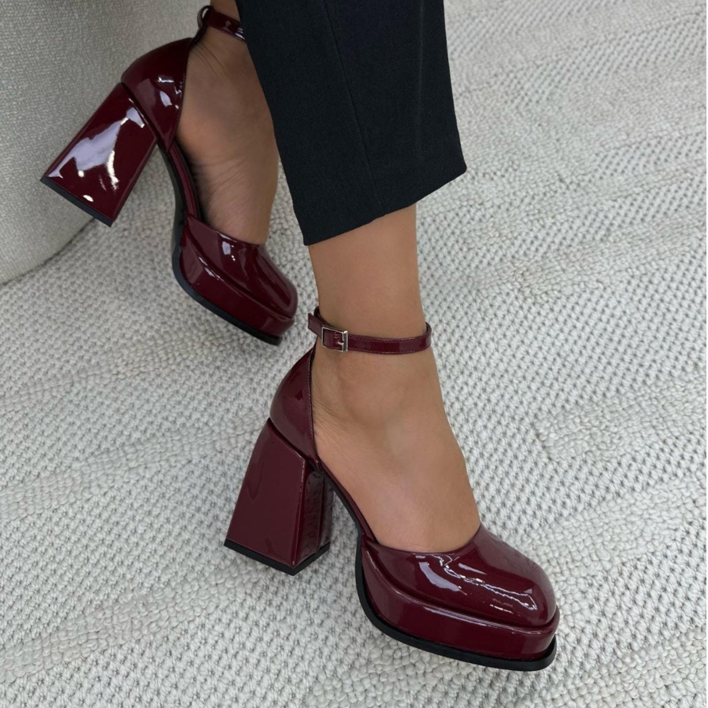 Burgundy Patent Platform Heels | Chunky Block Heel Mary Jane Shoes | Elegant Glossy Ankle Strap Pumps