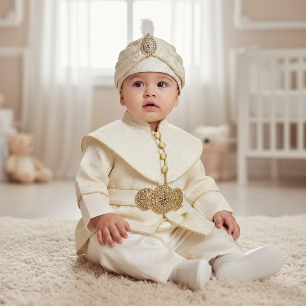 Ottoman Baby Boy Outfit 0–12 Months | Gold Embroidered Ceremony Set with Hat & Pants | Traditional Turkish Baby Costume for Special Occasion