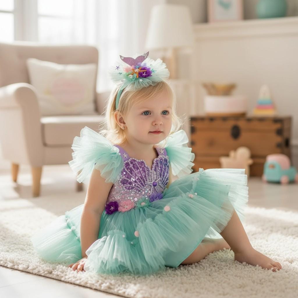 Mermaid Baby Girl Dress | Tulle Party Costume with Headband | Ocean Theme Birthday Outfit | Handmade Baby Princess Dress
