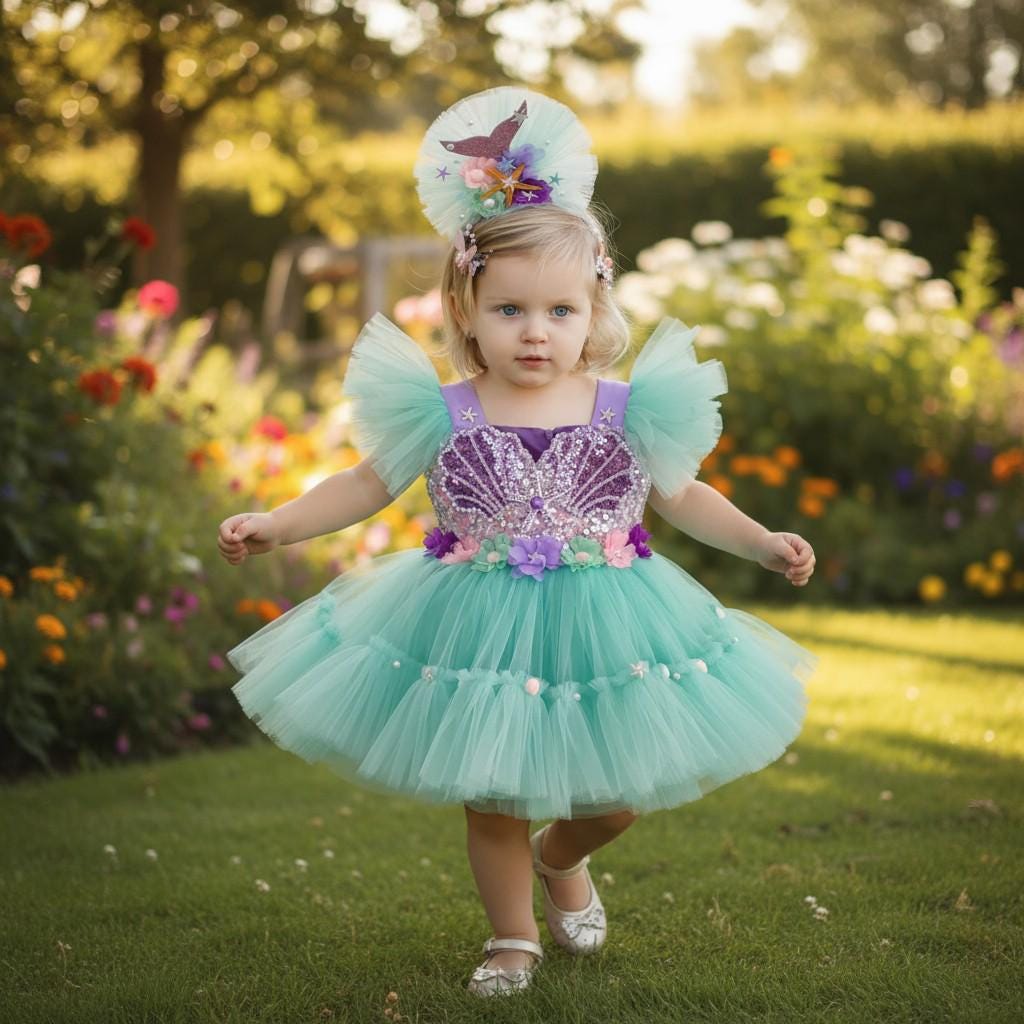 Mermaid Baby Girl Dress | Tulle Party Costume with Headband | Ocean Theme Birthday Outfit | Handmade Baby Princess Dress