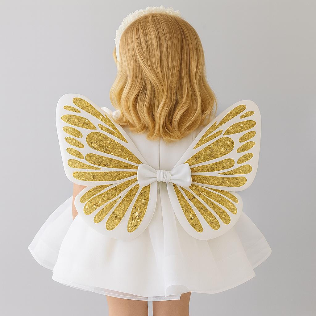Golden Fairy Girl Dress | White Tulle Party Dress with Gold Wings | Elegant Princess Outfit for Girls