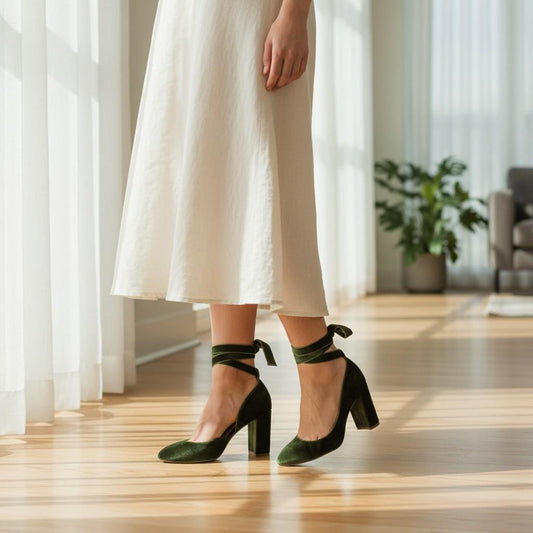 Emerald Green Velvet Wedding Shoes | Silky Bridal Block Heels | Medium High Heel Shoes for Bride | Luxury Green Velvet Heels Gift for Her