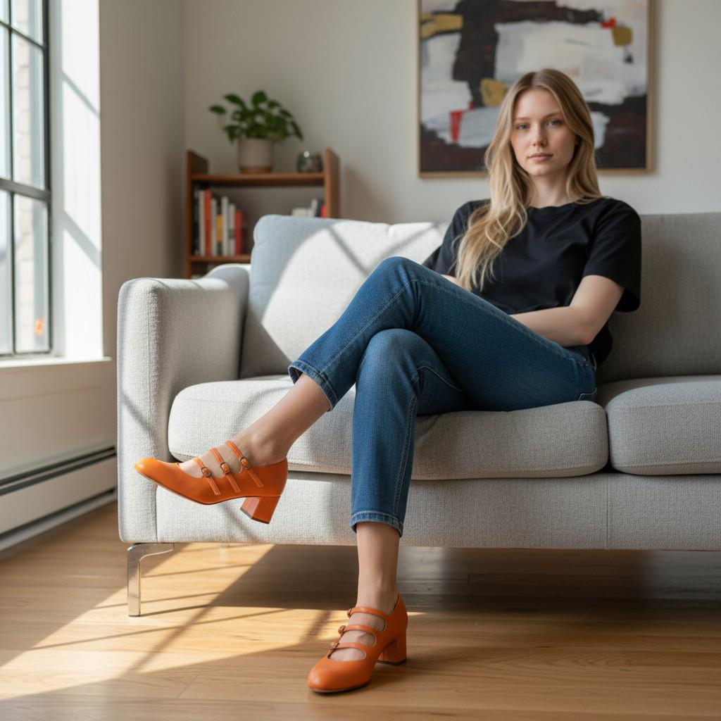 Orange Mary Jane Heels | Elegant Triple Strap Block Heels | Handmade Patent Leather Shoes | Outdoor Garden Photo Style