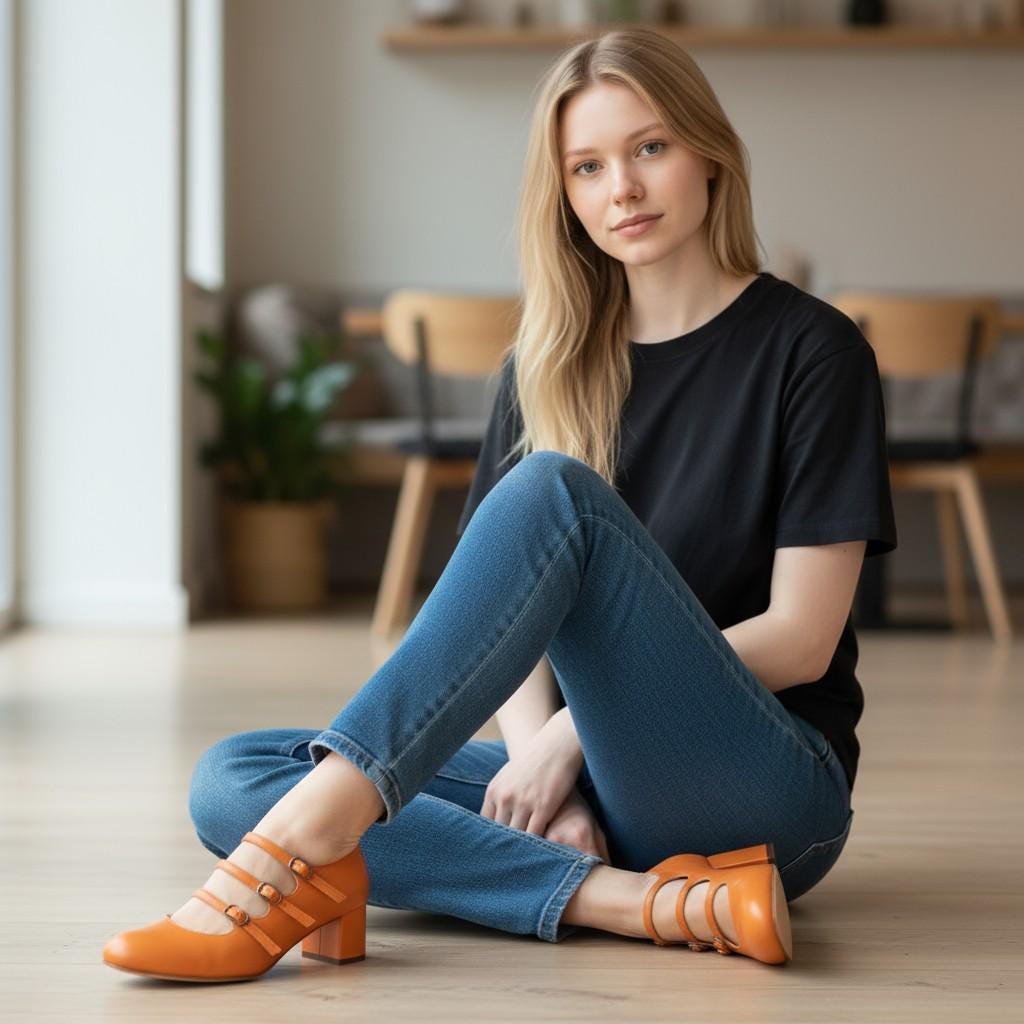 Orange Mary Jane Heels | Elegant Triple Strap Block Heels | Handmade Patent Leather Shoes | Outdoor Garden Photo Style