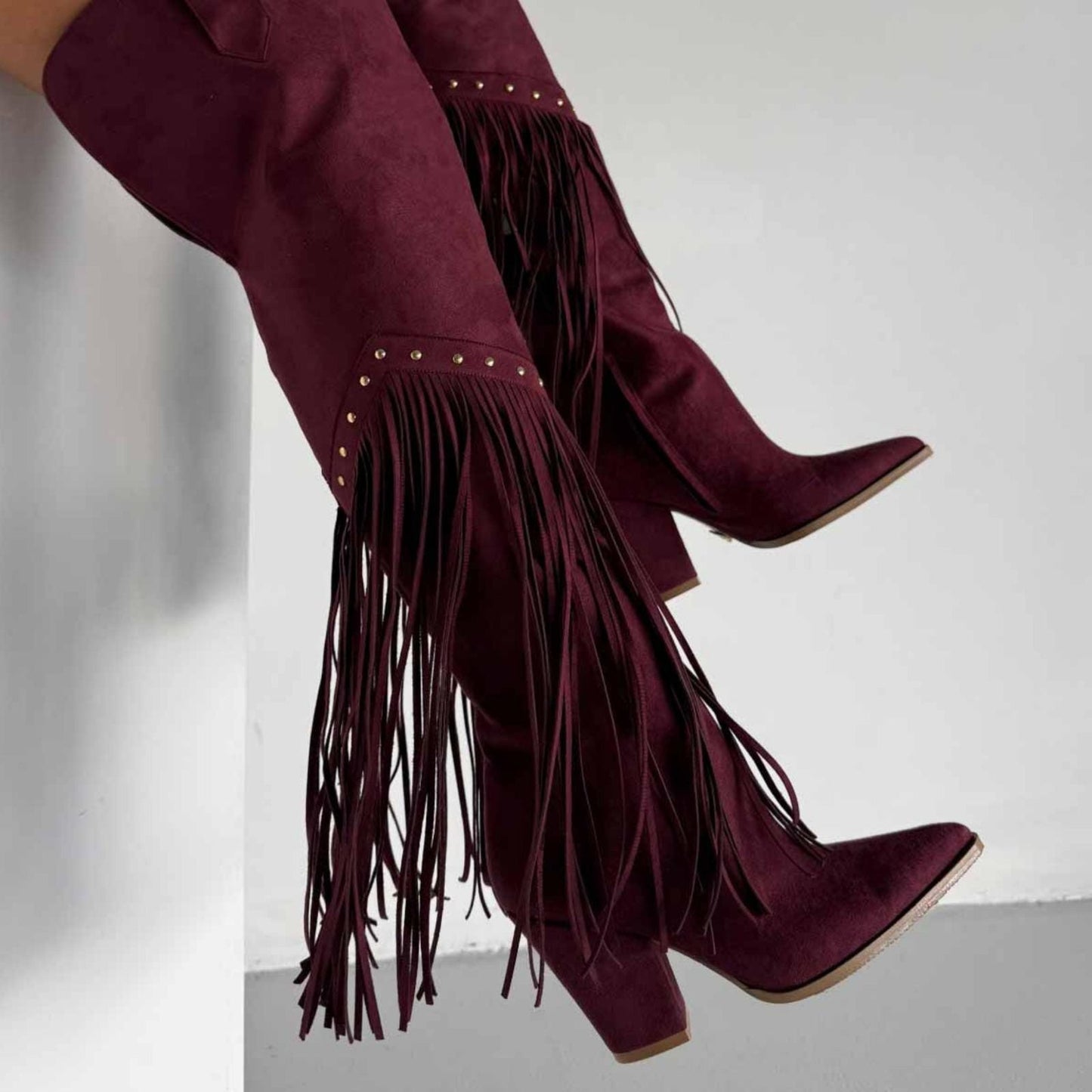 Burgundy Fringe Knee High Suede Boots | Western Cowgirl Style | Pointed Toe Block Heel Boho Boots for Women