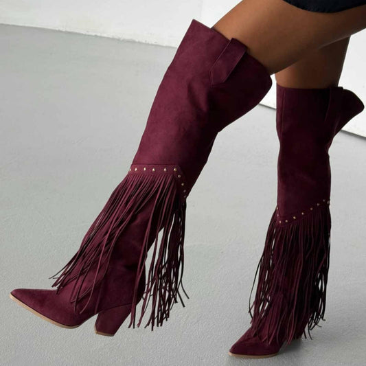 Burgundy Fringe Knee High Suede Boots | Western Cowgirl Style | Pointed Toe Block Heel Boho Boots for Women