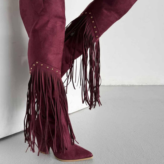 Burgundy Fringe Knee High Suede Boots | Western Cowgirl Style | Pointed Toe Block Heel Boho Boots for Women