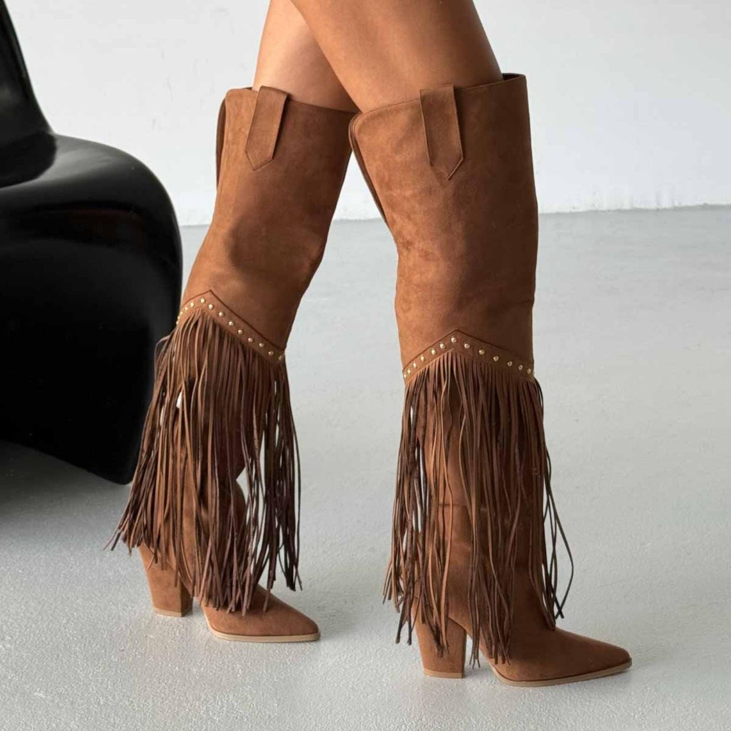 Burgundy Fringe Knee High Suede Boots | Western Cowgirl Style | Pointed Toe Block Heel Boho Boots for Women