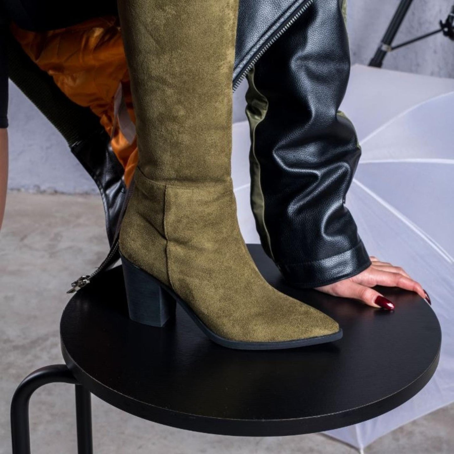 Olive Green Suede Knee High Boots | Block Heel Long Boots | Chic Pointed Toe Winter Fashion for Women