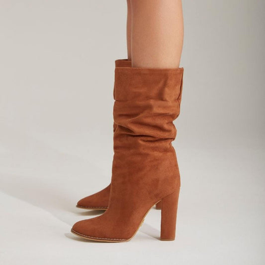 Camel Brown Suede Slouch Boots | High Block Heel Mid-Calf Boots | Soft Pointed Toe Fall Fashion for Women