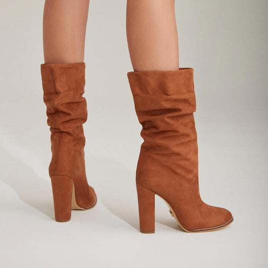 Camel Brown Suede Slouch Boots | High Block Heel Mid-Calf Boots | Soft Pointed Toe Fall Fashion for Women