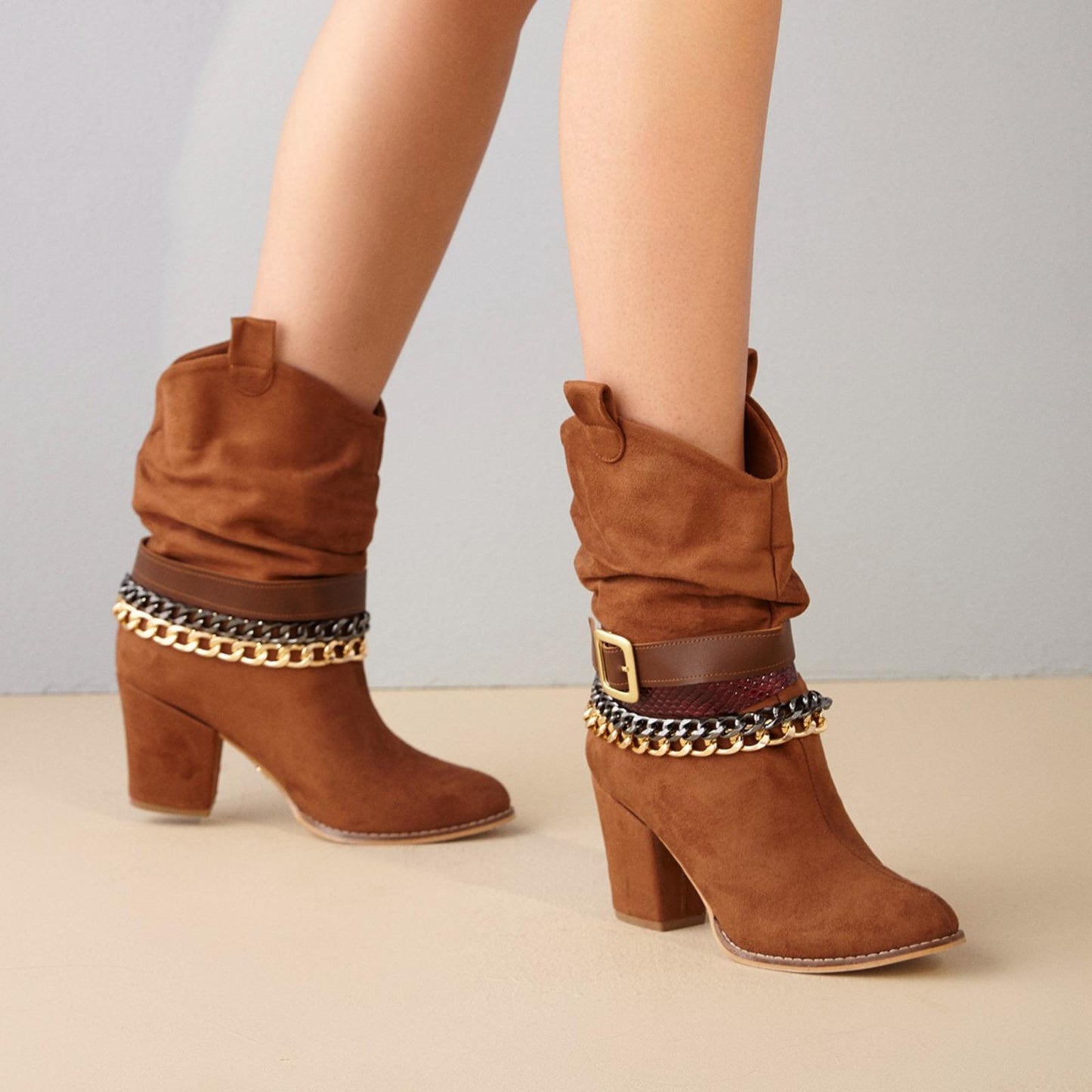 Brown Chain Ankle Boots | Suede Slouch Boots with Belt & Heel | Chunky Block Heel Western Chic Style for Women