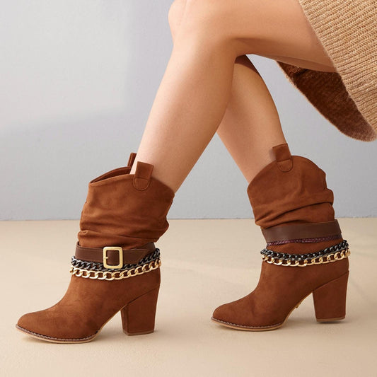 Brown Chain Ankle Boots | Suede Slouch Boots with Belt & Heel | Chunky Block Heel Western Chic Style for Women