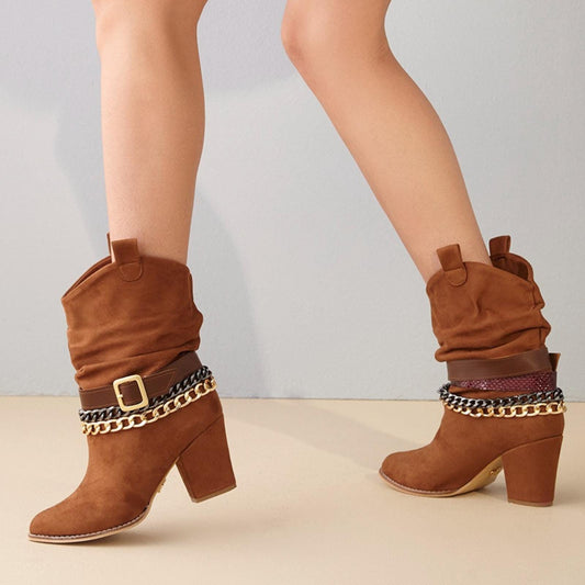 Brown Chain Ankle Boots | Suede Slouch Boots with Belt & Heel | Chunky Block Heel Western Chic Style for Women