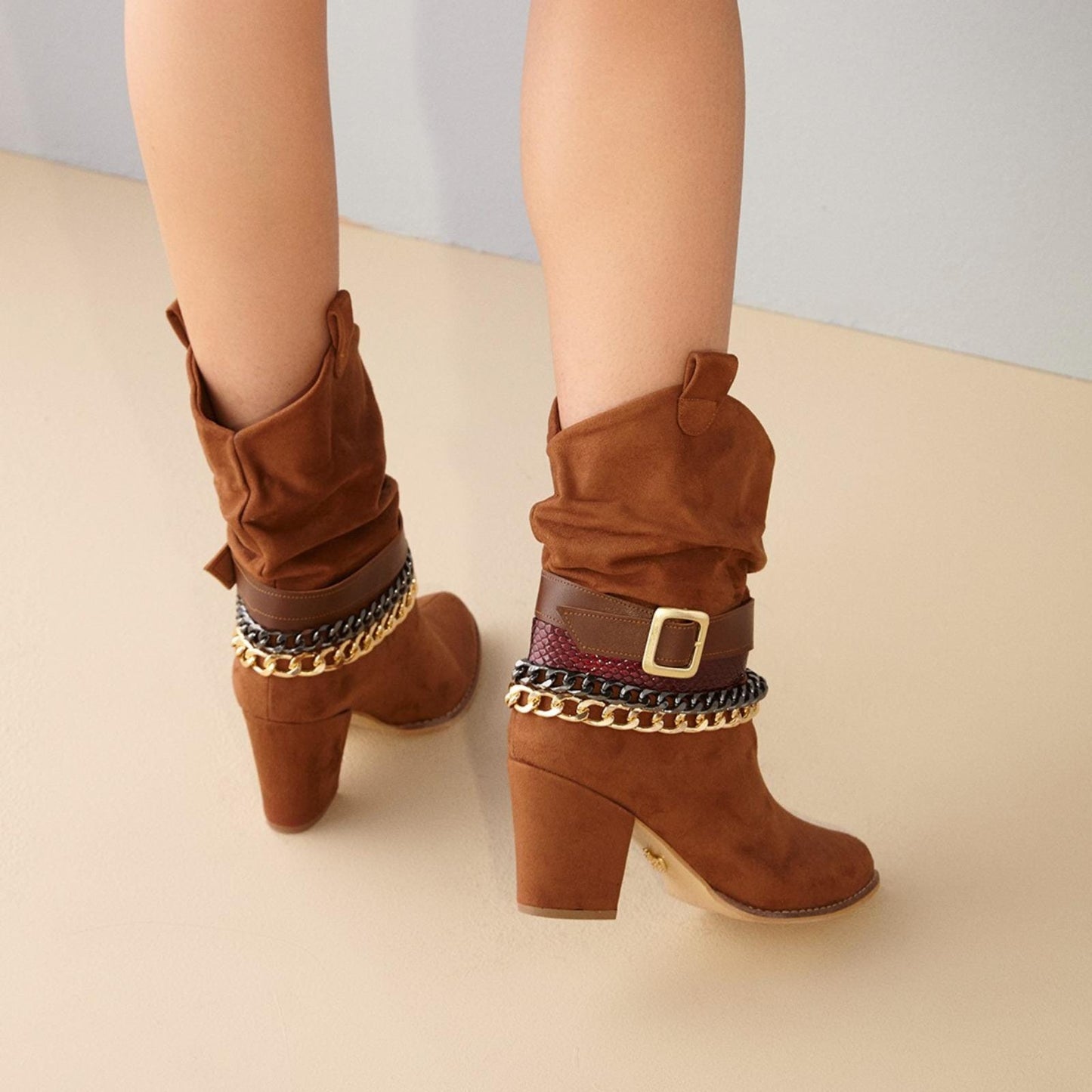 Brown Chain Ankle Boots | Suede Slouch Boots with Belt & Heel | Chunky Block Heel Western Chic Style for Women
