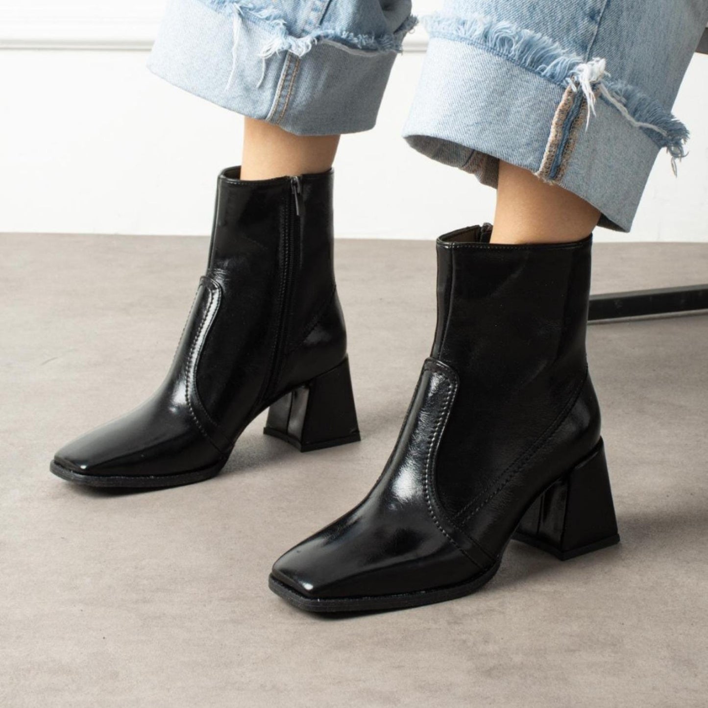 Burgundy Patent Leather Ankle Boots | Square Block Heel Short Boots | Glossy Pointed Toe Retro Chic for Women