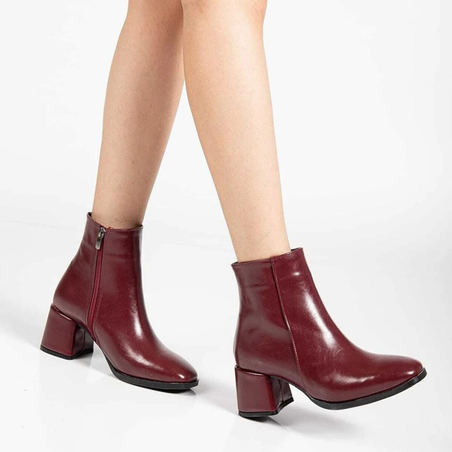 Burgundy Leather Ankle Boots | Square Block Heel Short Boots | Elegant Handmade Everyday Fashion for Women