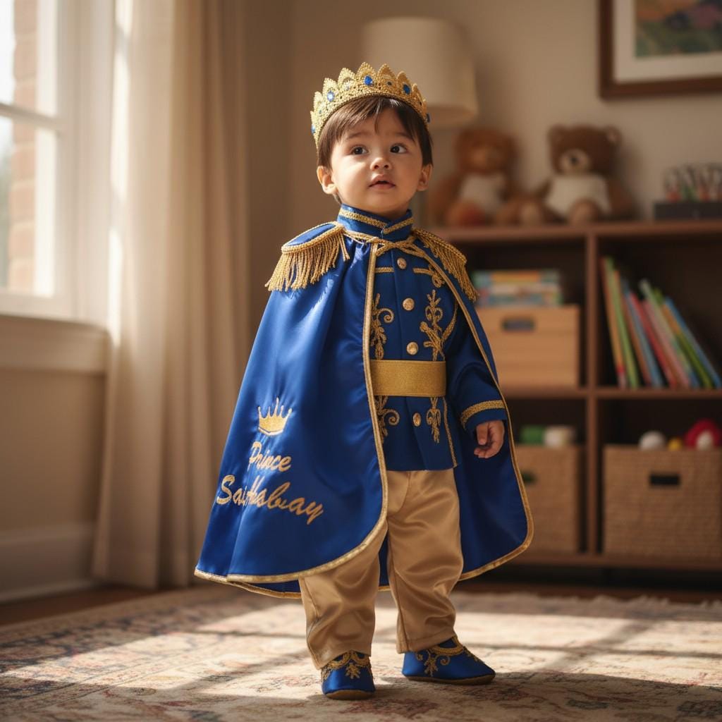 Blue and gold toddler prince costume side view