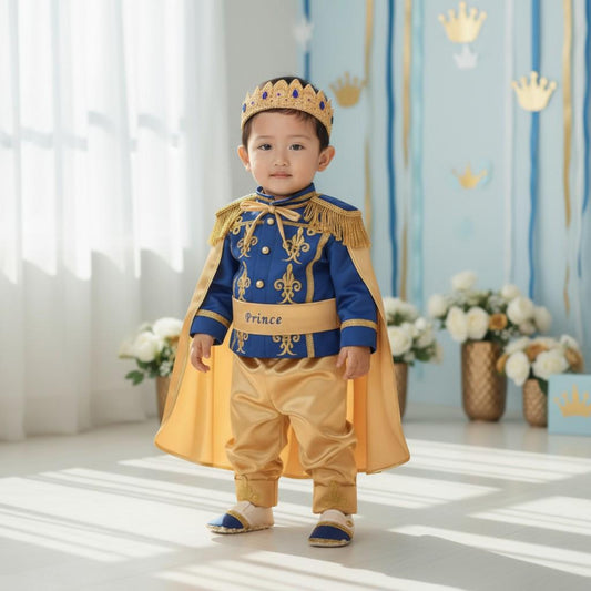 Custom Royal Blue Prince Outfit for Baby Boys | Personalized First Birthday Costume with Gold Embroidery | Luxury Handmade Prince Suit