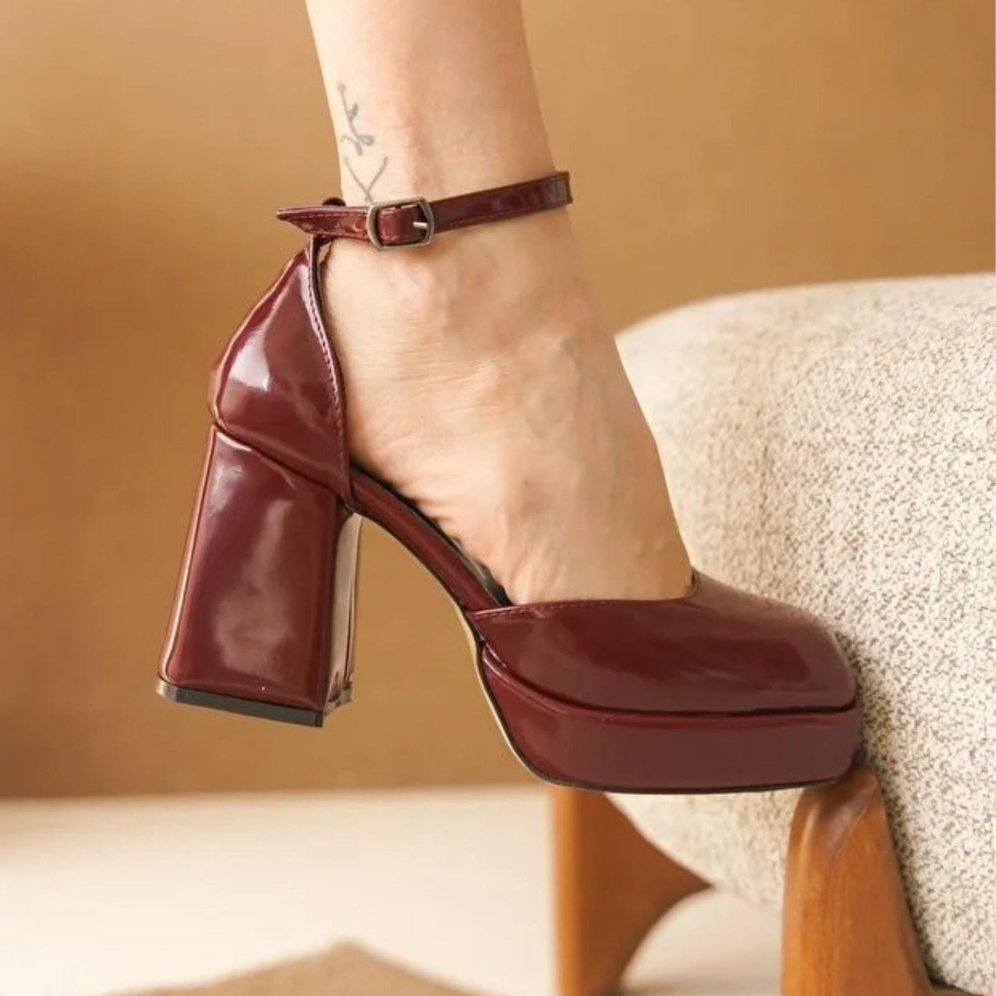 Burgundy Patent Leather Platform Heels | Chunky Block Heel Mary Jane Shoes | Elegant Women’s Party Pumps