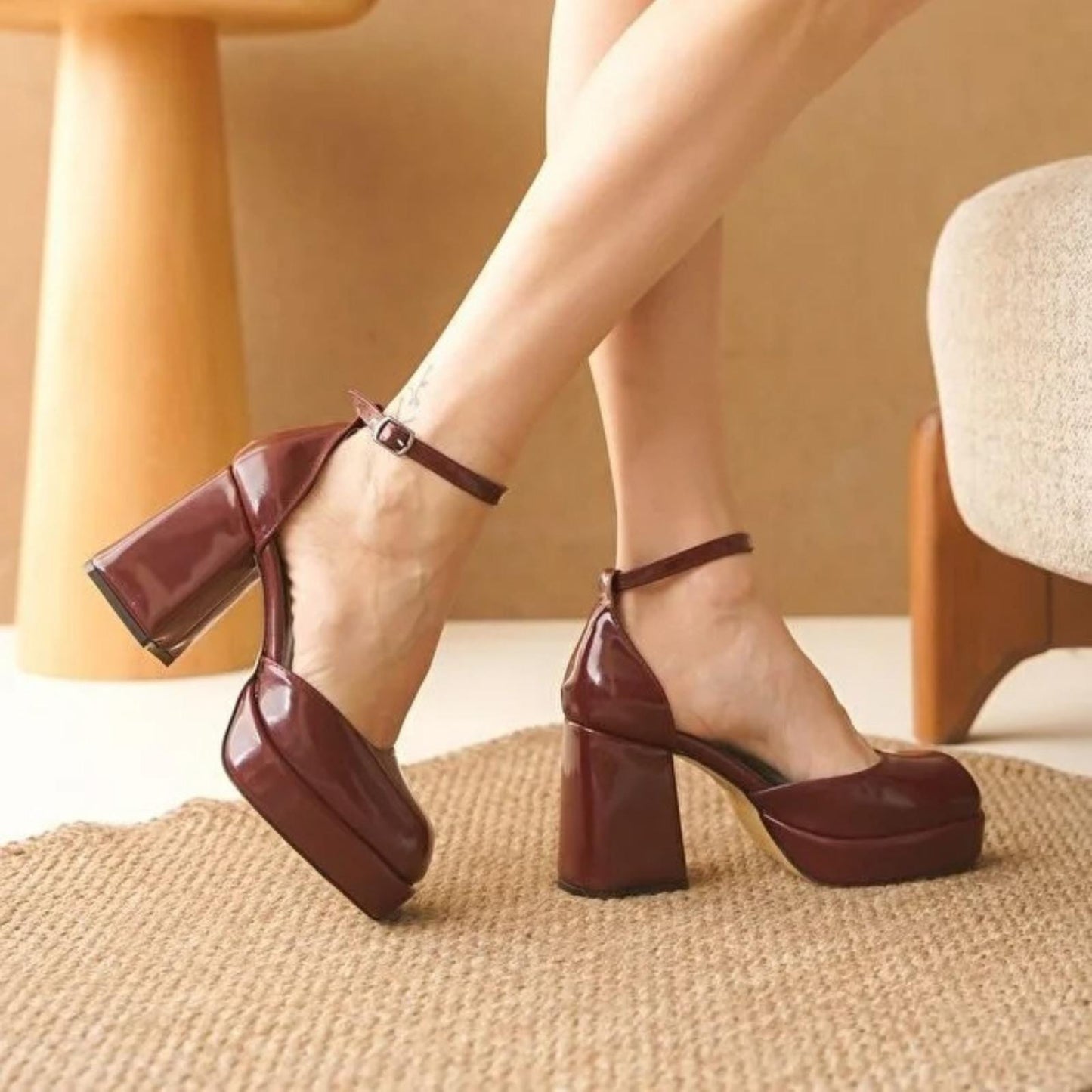 Burgundy Patent Leather Platform Heels | Chunky Block Heel Mary Jane Shoes | Elegant Women’s Party Pumps