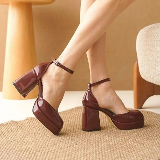 Burgundy Patent Leather Platform Heels | Chunky Block Heel Mary Jane Shoes | Elegant Women’s Party Pumps