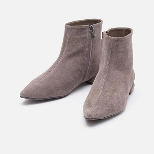Taupe Suede Pointed Ankle Boots | Handmade Women’s Low Heel Booties | Elegant Soft Suede Zip Boots